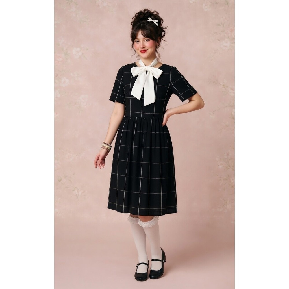 Japanese‎ Schoolgirl Womens Dress 4 6 S Twee Plaid  Black White Wednesday Adams